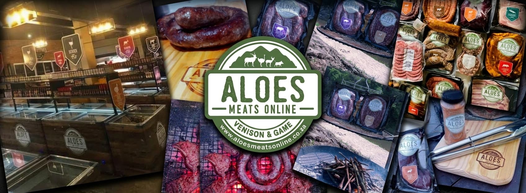 Collage of the Aloes Meats butchery — the shop's display freezers, grilled venison and sausage over coals, packaged cuts and biltong, and the Aloes Meats Online logo
